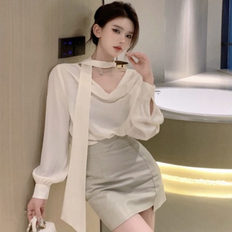 Set Áo Sơ Mi Trắng Dài Tay + Chân Váy Lưng Cao Phong Cách Hàn Quốc Thời Trang Cho Nữ