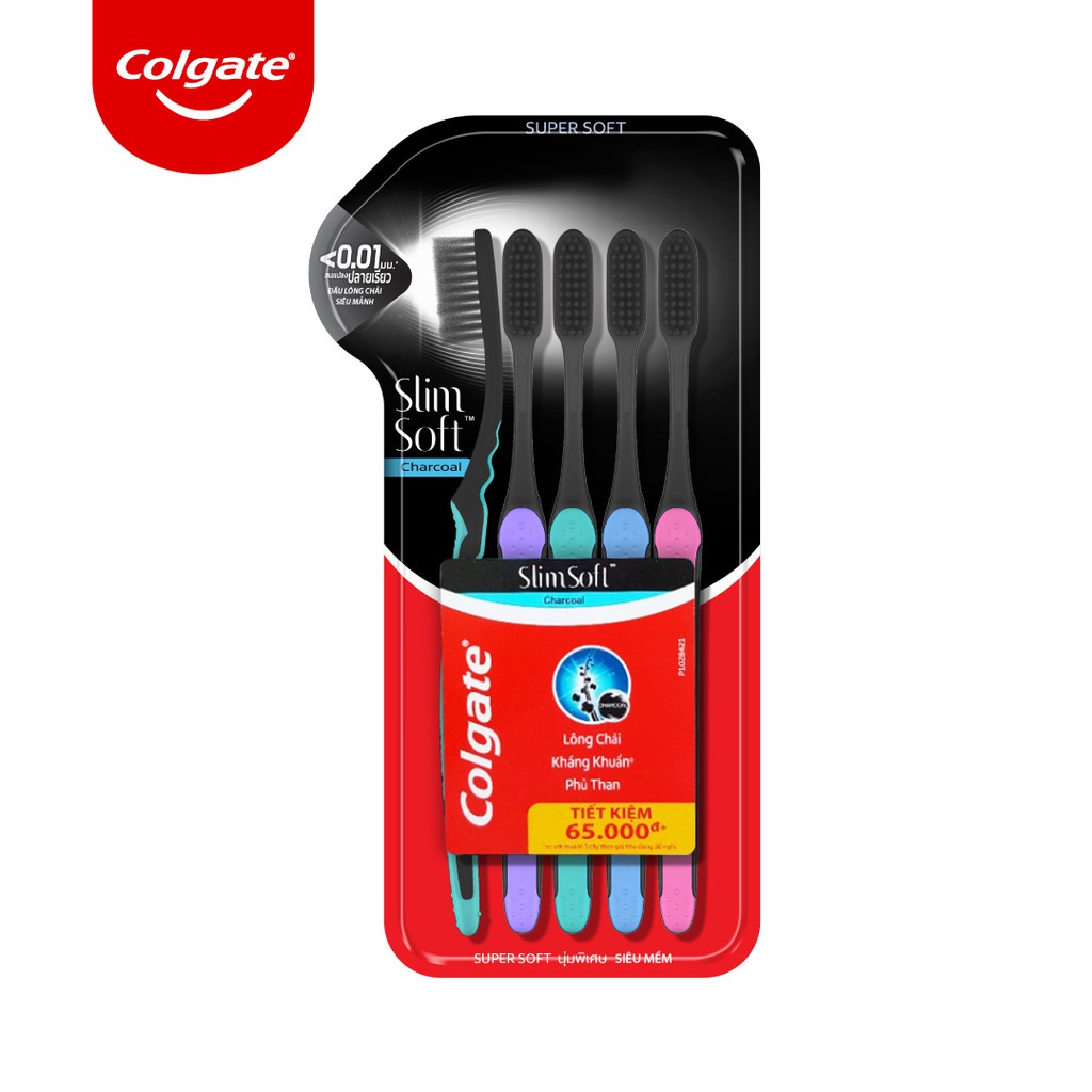 [HB gift] Bộ 5 Bàn chải đánh răng Colgate than hoạt tính kháng khuẩn SlimSoft Charcoal mềm mảnh