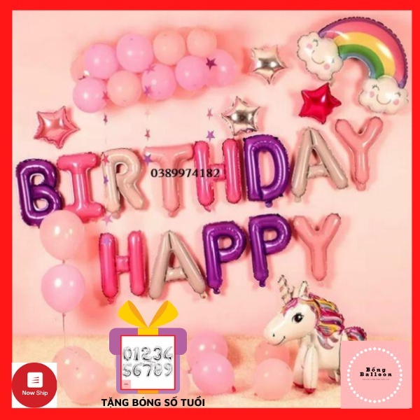 Bóng trang trí sinh nhật bé gái 🍓TẶNG BÓNG SỐ TUỔI🍓 Set bong bóng trang trí sinh nhật cho bé gái ngựa kỳ lân s40