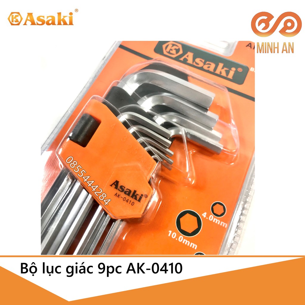 Bộ lục giác   ASAKI AK-0410 - Bộ lục giác đầu bi dài 9 chi tiết hệ m 1.5-10mm