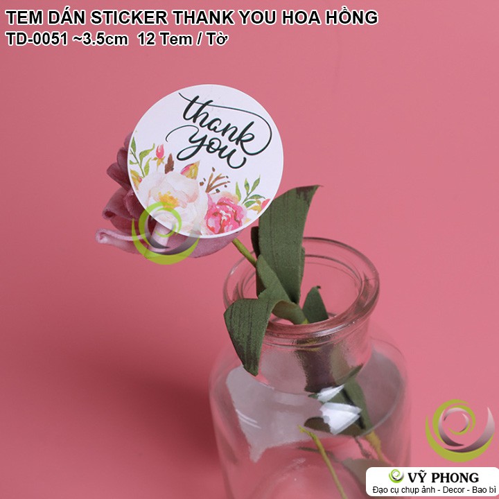 TEM DÁN STICKER NHÃN DÁN THANK YOU HỌA TIẾT HOA HỒNG TRANG TRÍ NIÊM PHONG BAO BÌ HỘP QUÀ BÁNH KẸO TD-0051