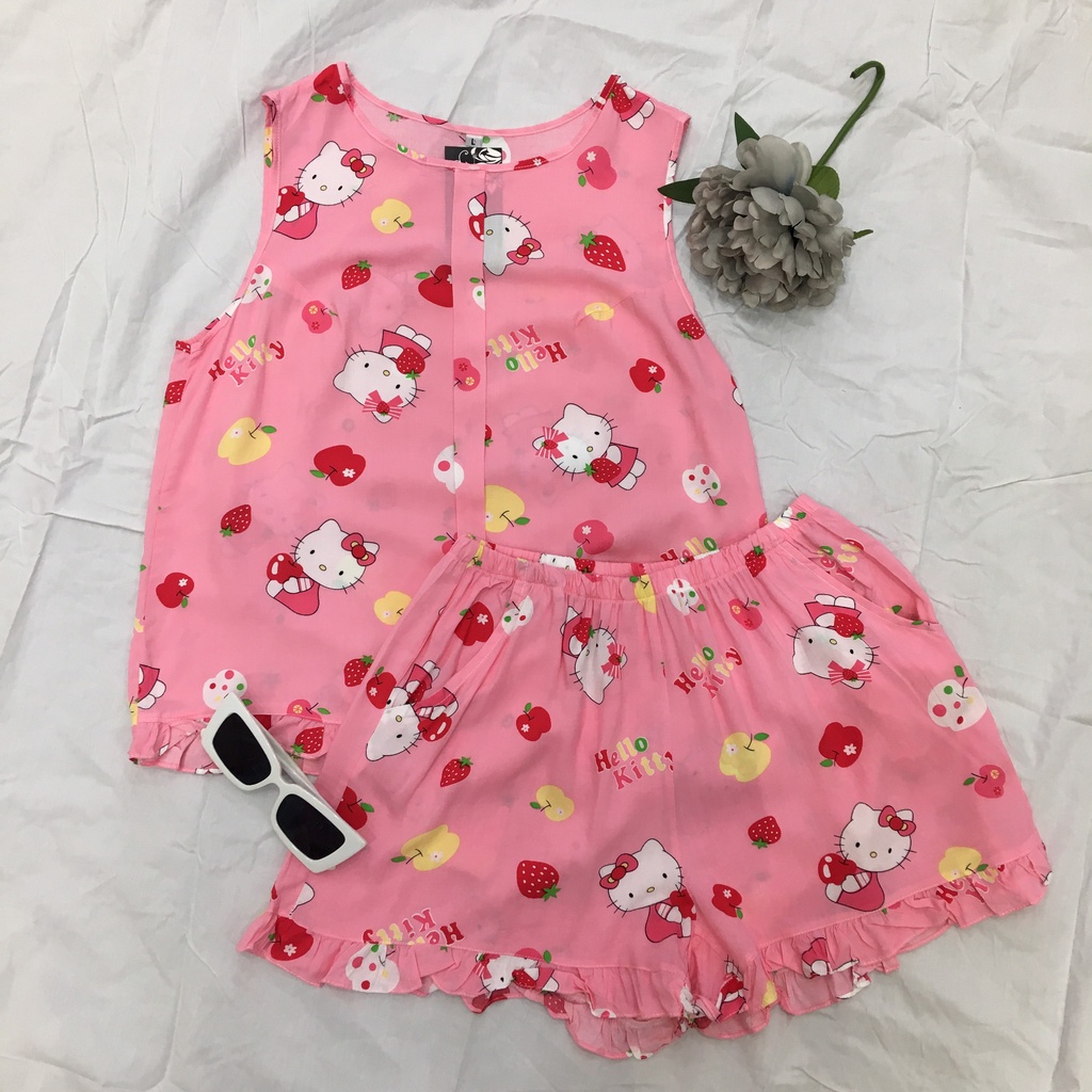 Bộ ngủ vải lanh màu hồng họa tiết Hello Kitty