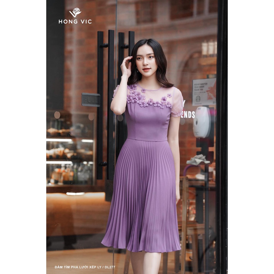 Đầm nữ thiết kế Hongvic tím pha lưới xếp ly DL277