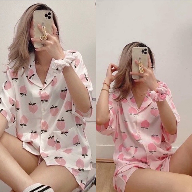 Bộ Đồ, Set Pijama Nữ QUẢ ĐÀO Kate Tay Cộc Mặc ở Nhà Xinh Xắn