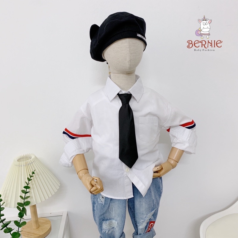Áo sơ mi trắng kèm cavat kẻ tay bé trai