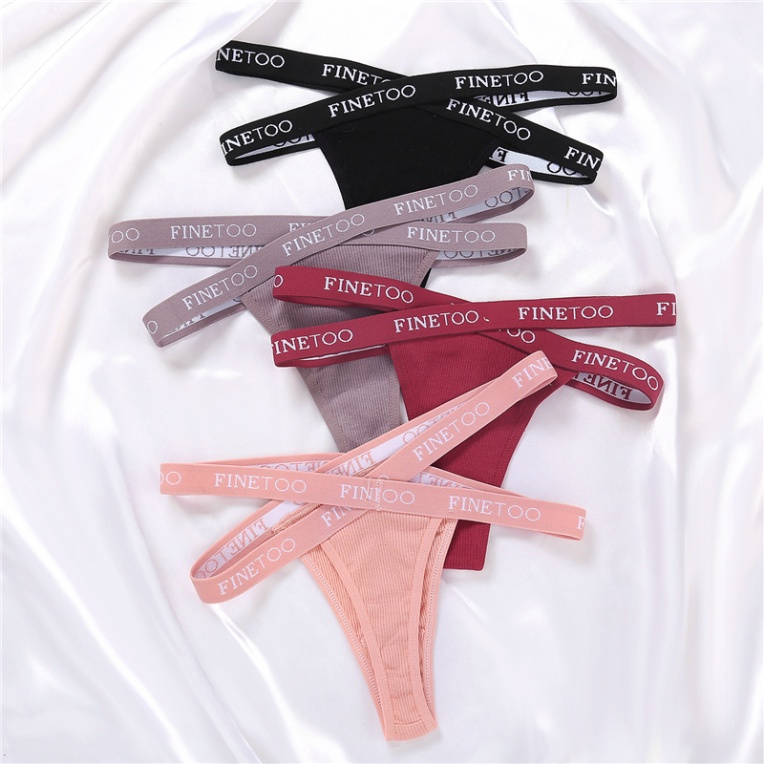 Quần lót lọt khe FINETOO cotton lưng bắt chéo in chữ sành điệu cho phái nữ nội y xanh chất cực đẹp, sang chảnh, đồ lót