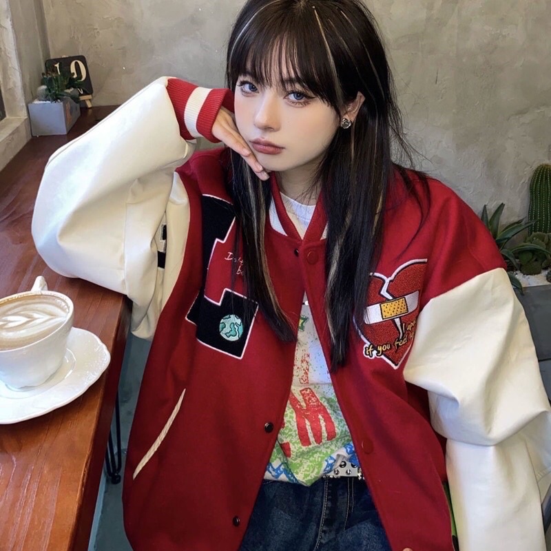Áo Khoác Varsity Jacket Nỉ Hình Thêu Tay Da Cao Cấp