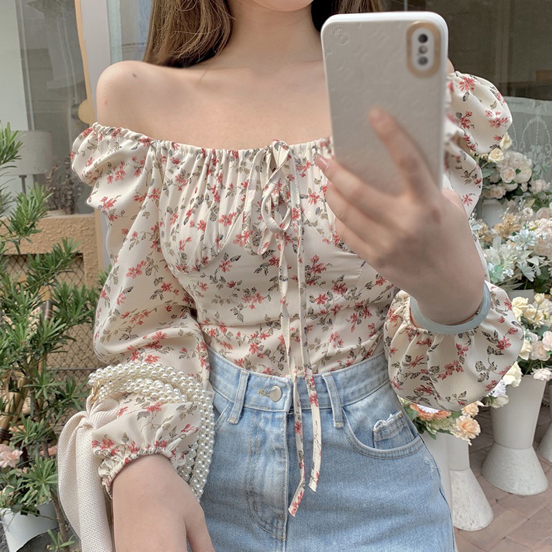 Áo Sơ Mi Chiffon Tay Dài Cổ Vuông In Họa Tiết Hoa Retro Quyến Rũ Cho Nữ