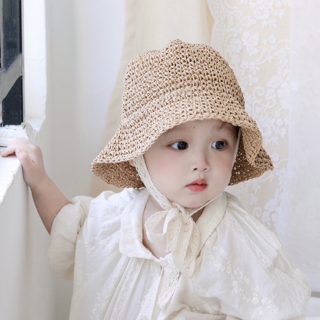 Mũ Cói Vành Buộc Dây Cho Bé Đi Biển, Đi Chơi 1-6 Tuổi