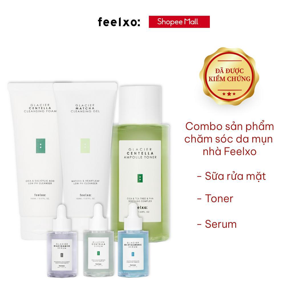 Bộ sản phẩm chăm sóc da Feelxo Glacier gồm bộ đôi sữa rửa mặt sạch sâu+ Toner cấp ẩm+ Serum cấp ẩm da mụn, sáng da