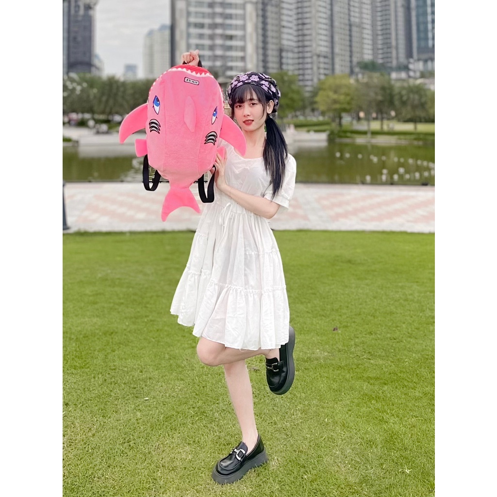 Balo vải nhung mịn hình cá mập màu hồng siêu xinh/ balo cỡ trung đựng vừa nón bảo hiểm, sách vở, đồ dùng đi học đi chơi