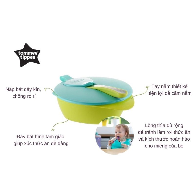 [Mã FMCGM50 - 8% đơn 250K] Bát ăn dặm có nắp kèm thìa cho bé Tommee Tippee Easy Scoop từ 7 tháng - Xanh lá