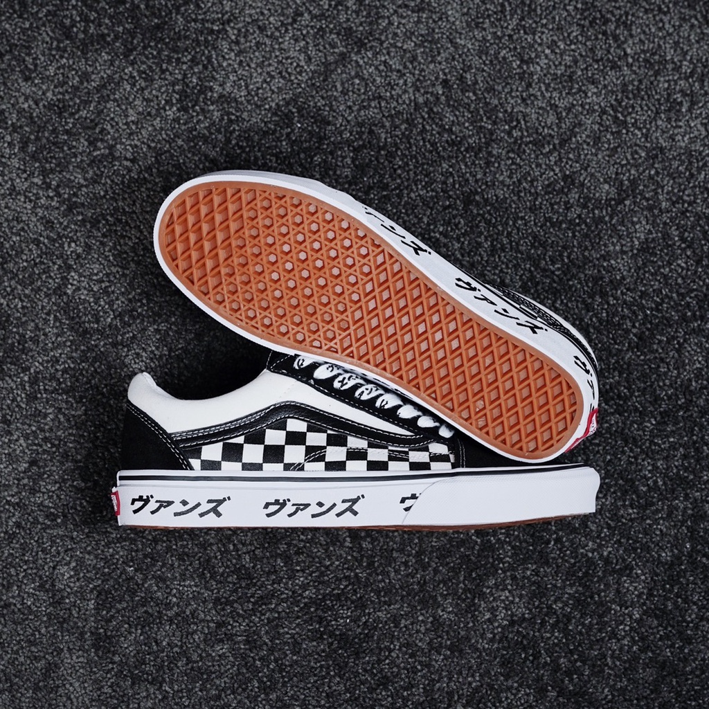 Giày Thể Thao Vans Old Skool Vải Canvas Cổ Thấp Họa Tiết Sọc Caro Trắng Đen Phong Cách Nhật Bản