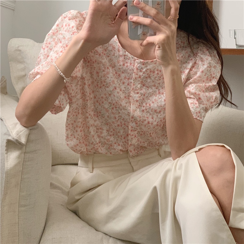 Áo Chiffon Cổ Tròn Tay Ngắn In Hoa Phong Cách Mới 52109