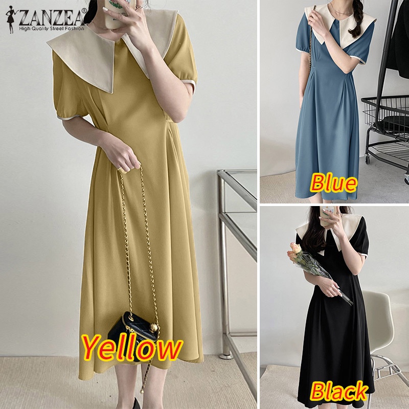 Đầm dài Zanzea tay ngắn có nút cài sau lưng màu tương phản phong cách Hàn Quốc thời trang cho nữ