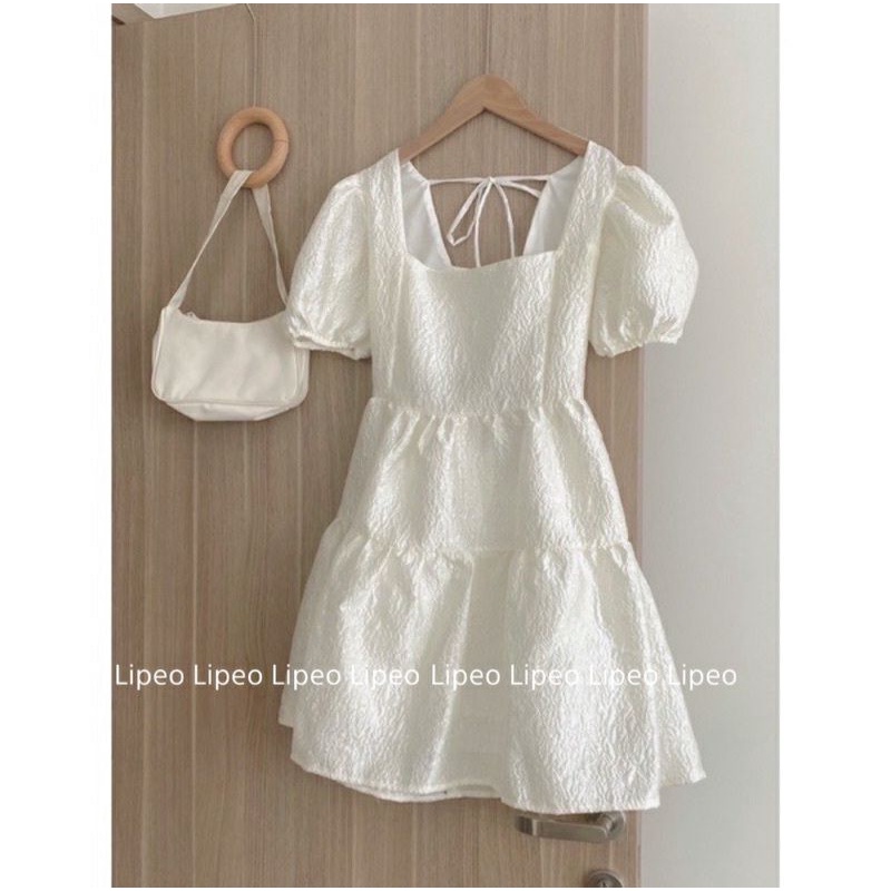 váy gấm tay bồng đan dây lưng