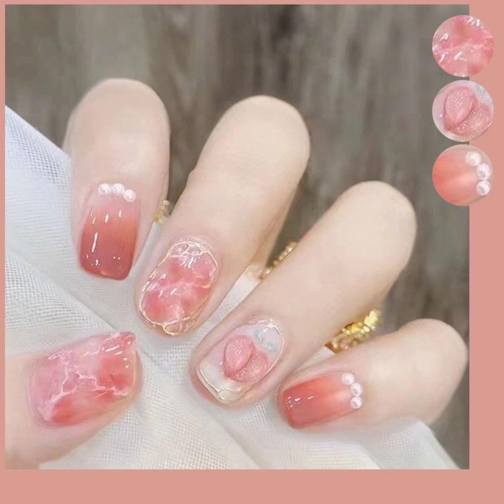 Bộ Móng Tay Giả Che Phủ Toàn Diện Họa Tiết Hoa Trà Đào Xinh Xắn