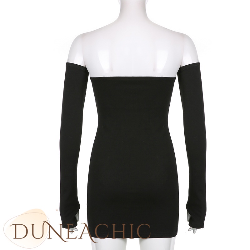 DUNEA Đầm Đen Dài Tay Trễ Vai Phong Cách Quyến Rũ Cho Nữ