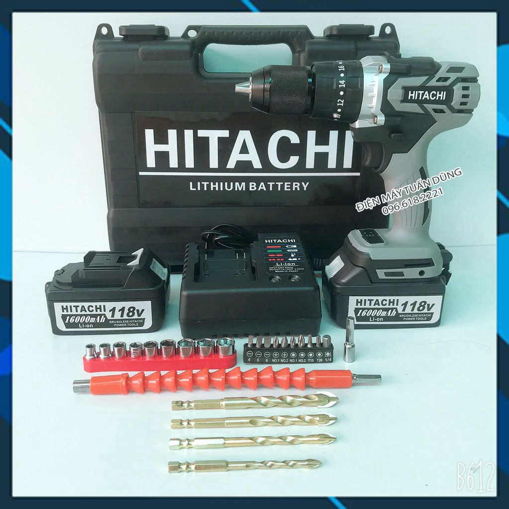 [Chính Hãng] Máy Khoan Pin HITACHI 118V, 2 PIN, KHÔNG CHỔI THAN, Tặng Kèm Bộ PHỤ KIỆN Như Hình [Ưu Đãi Khủng]