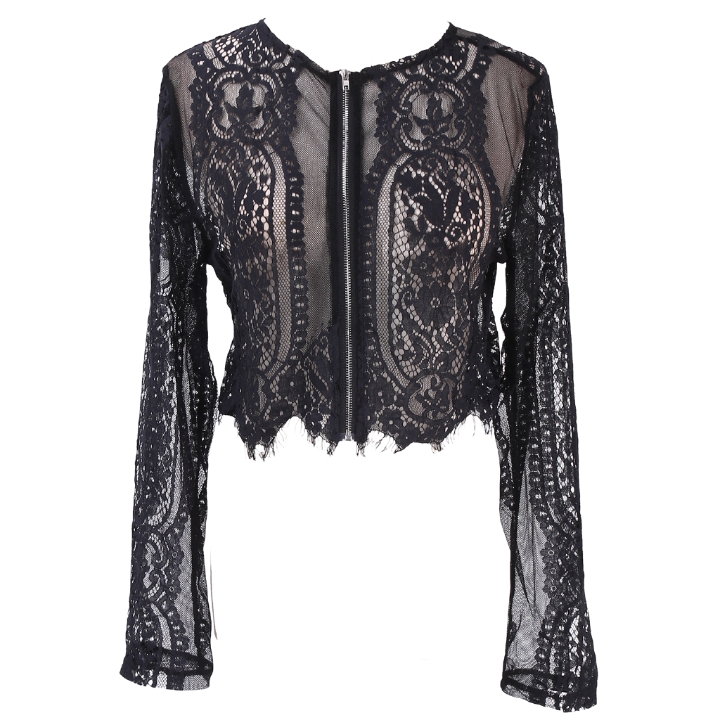 Woman Spring Autumn Black Lace Long Sleeve Crop Top