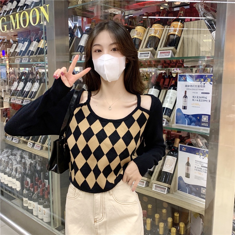 QADCOL Áo dệt kim tay dài dáng ôm họa tiết hình thoi xinh xắn tùy chọn màu sắc cho nữ