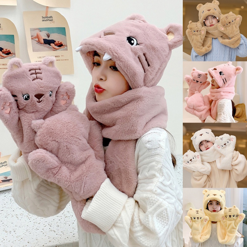 Khăn Choàng Lông Cừu Có Mũ Trùm Đầu Kèm Găng Tay Giữ Ấm Tiện Lợi