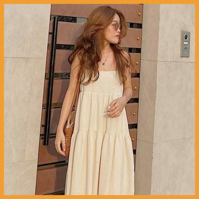 [MÃ VAY18 GIẢM 30K ĐƠN 500K] Váy maxi babydoll, Váy 2 dây vải đũi lụa mềm mặc cực mát, dáng rộng màu be | BigBuy360 - bigbuy360.vn