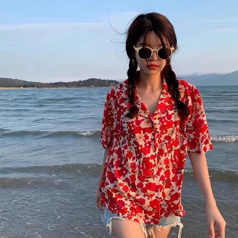 Áo sơ mi SUXI tay ngắn dáng rộng in họa tiết hoa màu đỏ phong cách vintage thời trang mùa hè dành cho nữ
