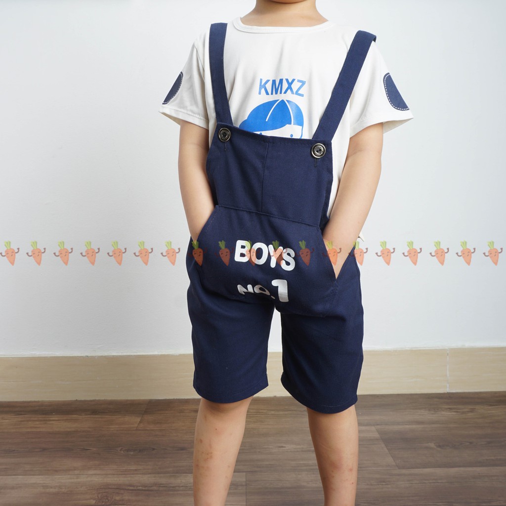 Set bé trai yếm quần kaki kèm áo thun cotton họa tiết Boys No.1 BBT2101