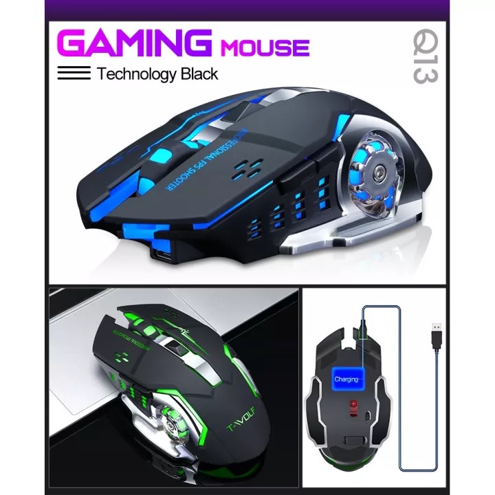 CHUỘT KHÔNG DÂY T-WOLF Q13 - CLICK CHỐNG ỒN - PIN SẠC - CHUỘT GAMING KHÔNG DÂY - DPI 1200 - 2400