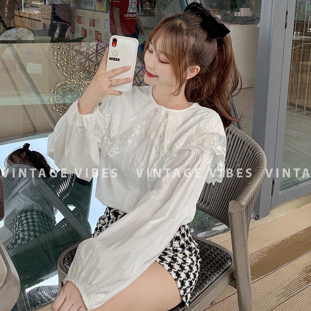 Áo babydoll cổ bèo tiểu thư phối ren Ulzzang  - Ảnh thật cận chất 1000%