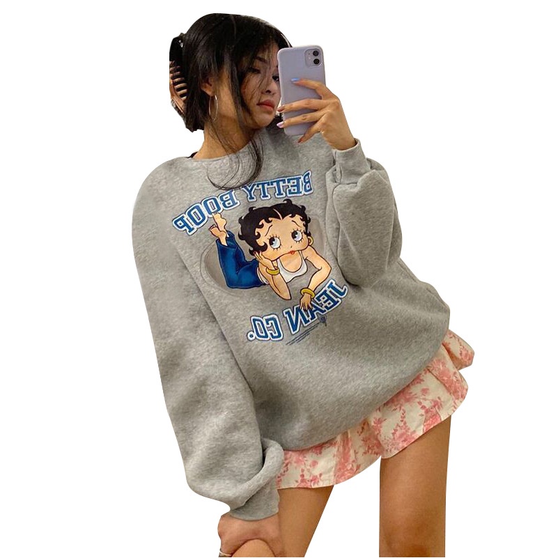 DUNEA Áo sweater dáng rộng in họa tiết hoạt hình và chữ cái đáng yêu thời trang trẻ trung dành cho nữ