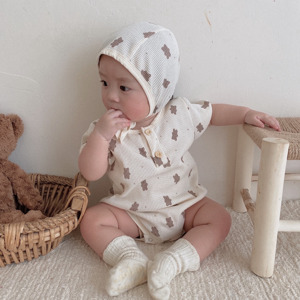 Bộ Áo Liền Quần Tam Giác Tay Ngắn Màu Trắng In Họa Tiết Hoạt Hình + 1 Cái Nón Phong Cách Hàn Quốc Thời Trang Mùa Hè Cho Bé