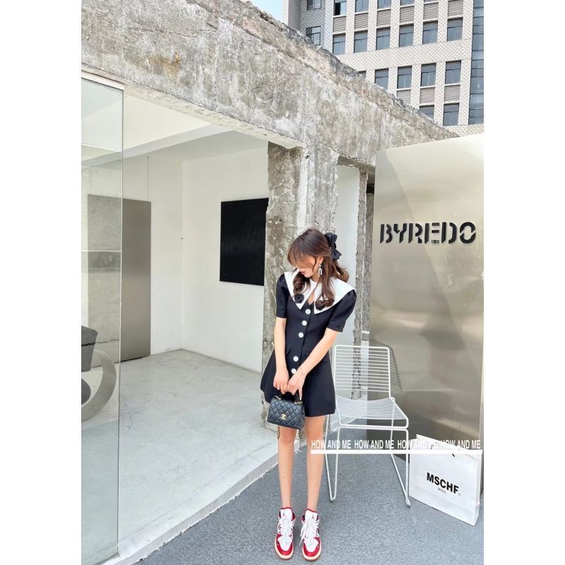 Rose doll collar suit dress women's summer 2022 new short-sleeved high waist a-shaped skirt