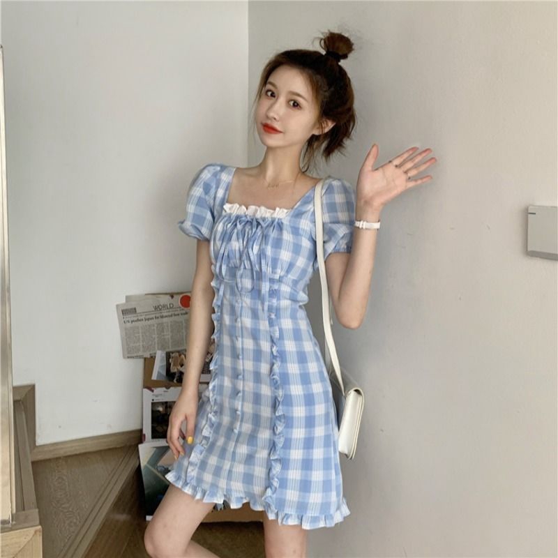 Đầm Tay Phồng Họa Tiết Sọc Caro Ôm Eo Thời Trang Mùa Hè Kiểu Pháp Dành Cho Nữ | BigBuy360 - bigbuy360.vn