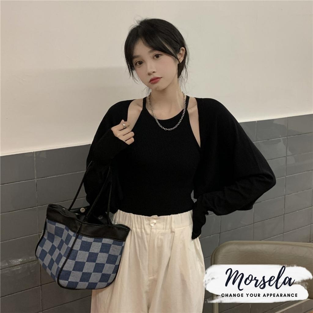 Set áo yếm GEO và áo khoác ngoài cardigan tay dài chất bo gân dày dặn phong cách Hàn Quốc - Morsela - SET01