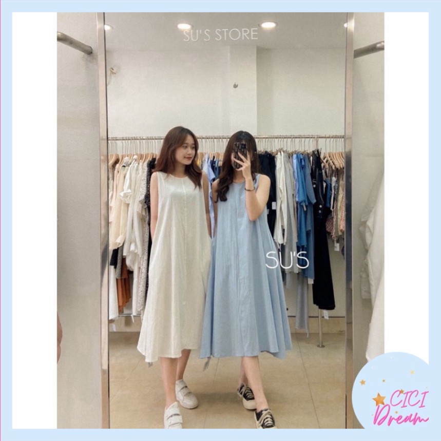 Váy - đầm ba lỗ dài dáng rộng xòe chất đũi khoét nách, Váy - đầm ba lỗ dài dáng rộng xòe chất đũi ba lỗ nhiều màu unisex