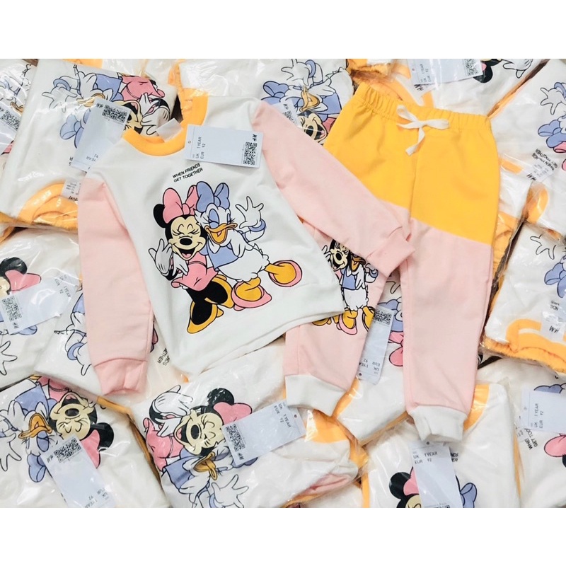 Bộ nỉ bé gái Minnie và Donald phối màu vàng hồng 1-6Y (có ảnh thật)