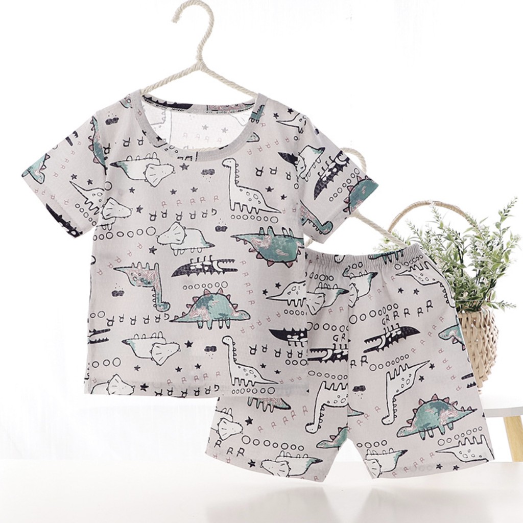 Bộ quần áo bé trai tay cộc chất liệu cotton sợi tre siêu mát in hình khủng long phong cách Hàn Quốc Rhino Kids