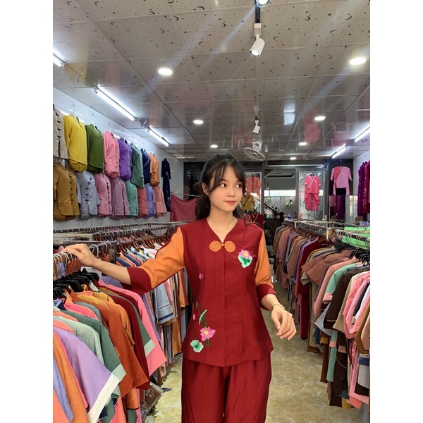 đồ đi chùa, áo lam , thời trang nữ, thêu sen phối tay vải tơ cao cấp