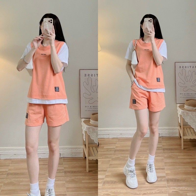 Bộ quần áo thể thao nữ chất cotton co giãn thoáng mát phối màu, đồ bộ mặc nhà mùa hè