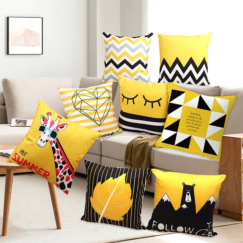 Vỏ gối vuông 45x45cm chất liệu mềm màu vàng trang trí sofa phong cách Bắc Âu