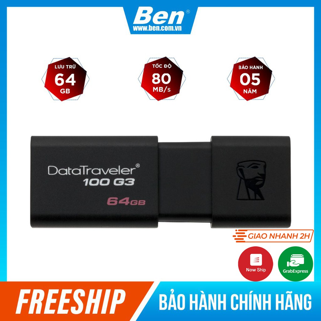 USB 3.0 Kingston DT100G3 64Gb tốc độ tới 100MB/s - Hàng chính hãng - BEN