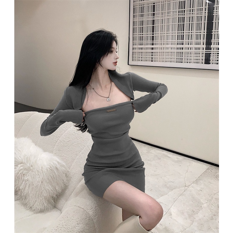 【ZHELIHANGFEI】Set Đầm Mini Hai Dây + Áo Khoác Tay Dài Phong Cách Quyến Rũ Dành Cho Nữ