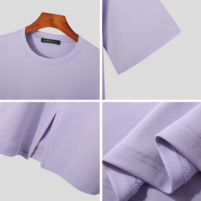 Áo thun INCERUN tay ngắn cổ tròn màu trơn thời trang mùa hè dành cho nam