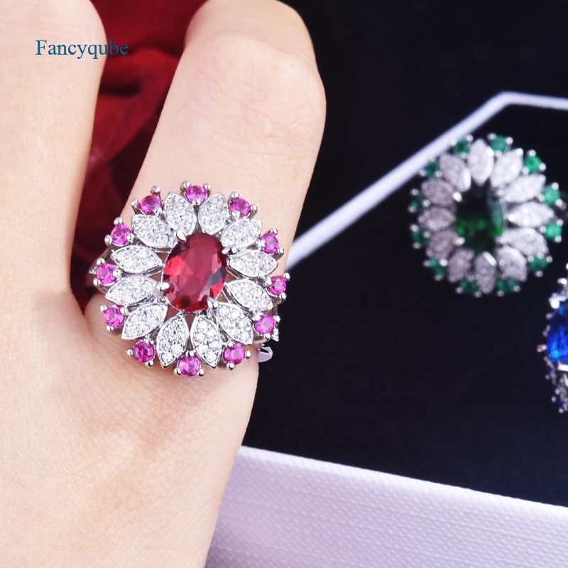 Nhẫn mở đính đá zircon hình oval nhiều màu sang trọng cho nữ