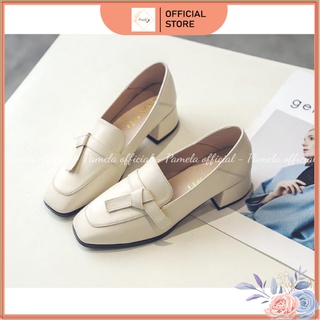 PAMELA  - Giày Loafer Nữ Mũi Vuông Phong Cách Hàn Quốc Phối Nơ Lệch 2022 (5cm) - Gi04