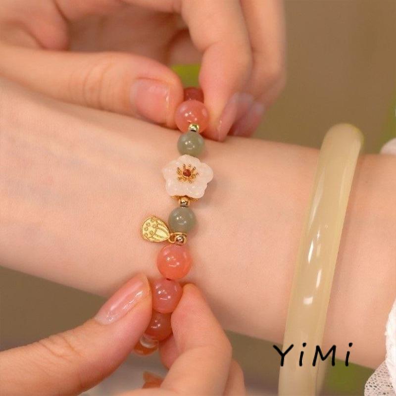 Vòng Đeo Tay Chuỗi Hạt Tròn Phối Hình Hoa Đào Dễ Thương Cho Nữ