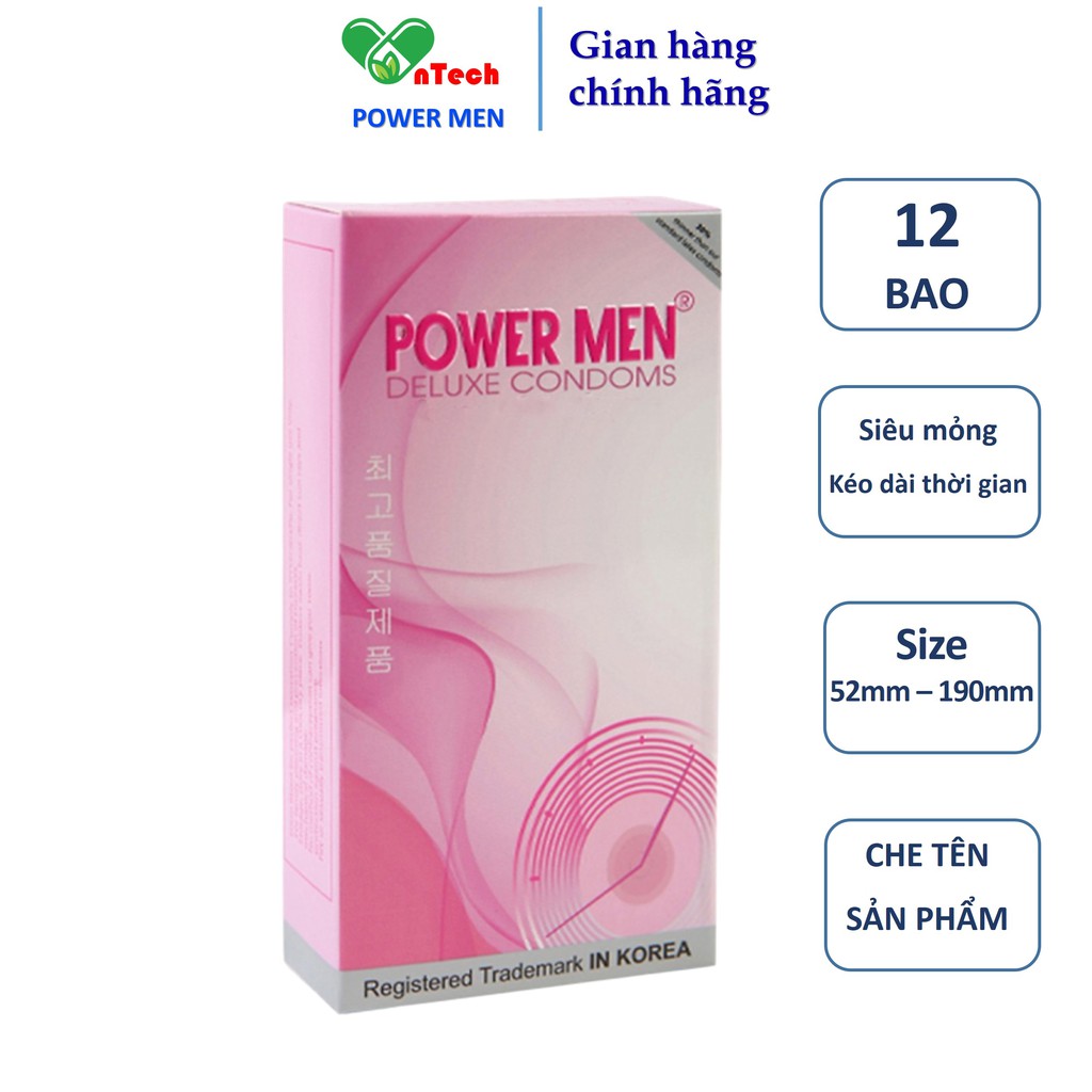 Bao cao su POWER MEN SUPER THIN LONGER siêu mỏng trơn nhiều gel chứa 5% Benzocain kéo dài thời gian hộp 12 chiếc