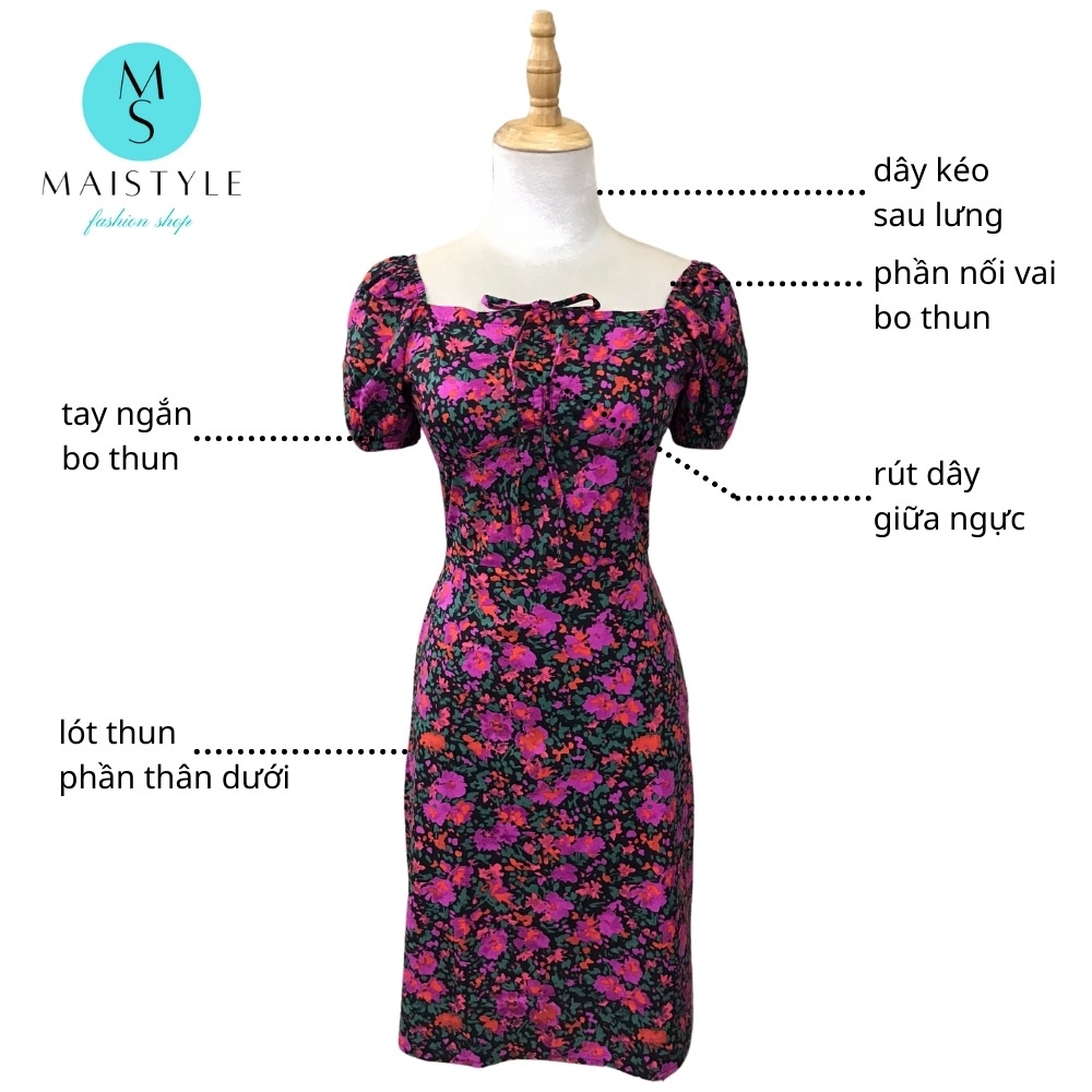 Váy hoa nhí MAISTYLE đầm body hoa nhí tay phồng cổ vuông trễ vai thiết kế đẹp dáng ngắn MY1113 | BigBuy360 - bigbuy360.vn